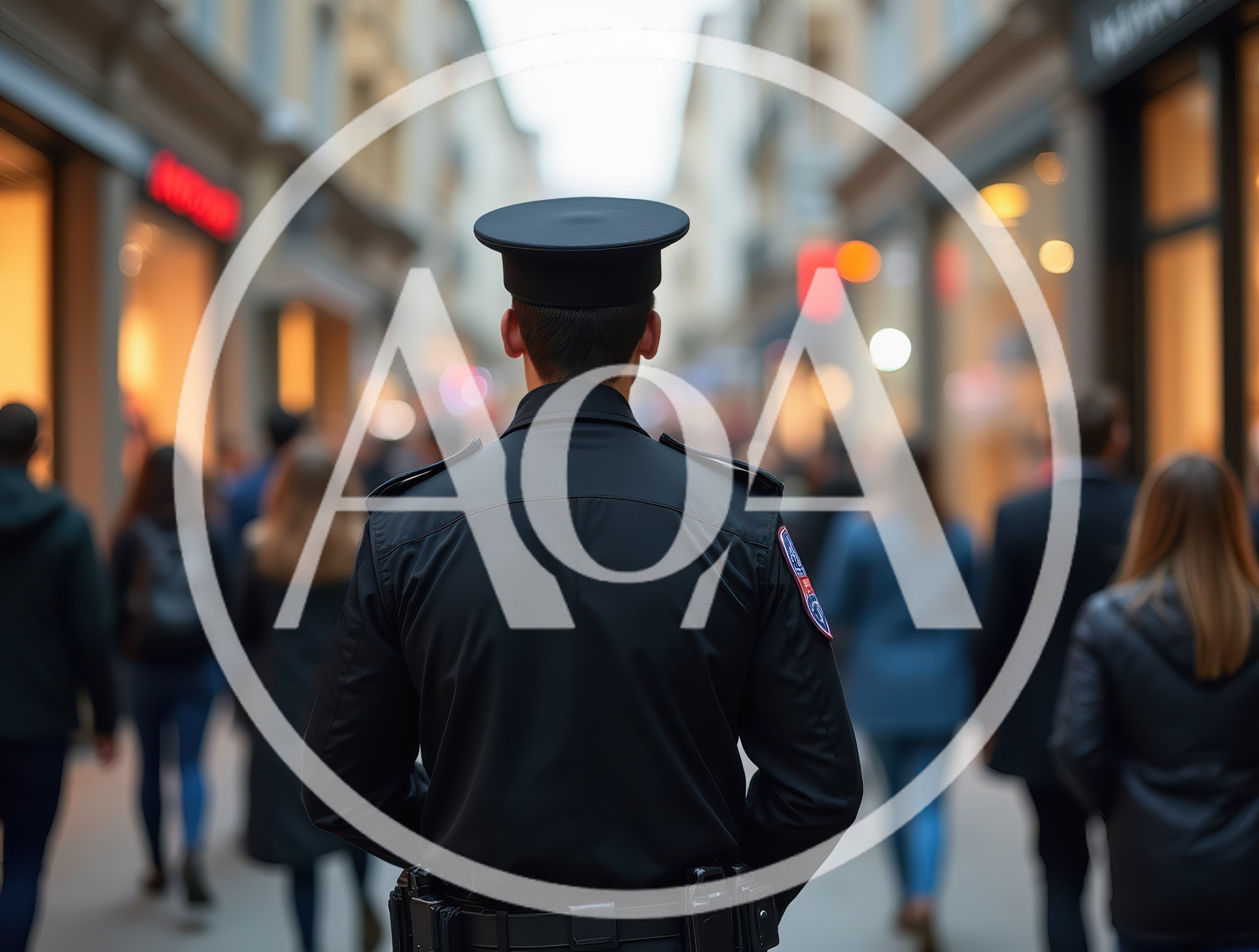 Police Officer Patrolling A Busy City Shopping Street