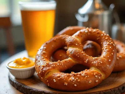 Fresh Soft Pretzels With Mustard And Beer