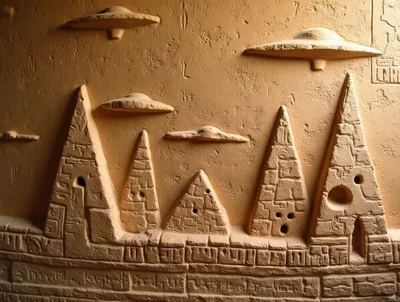 Ancient Egyptian Relief Carving With UFOs And Pyramids