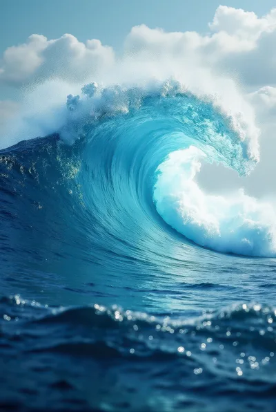 Massive Crashing Ocean Wave Under Bright Blue Sky
