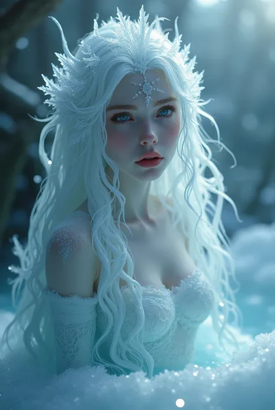 Ethereal Ice Queen Portrait In Snowy Winter Forest