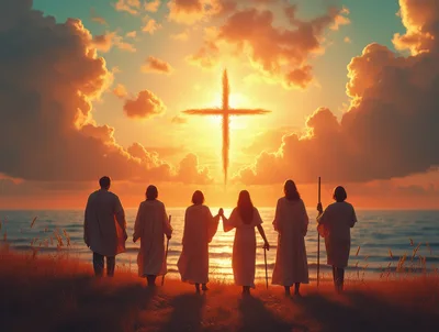 Group Of People Standing Before A Radiant Cross