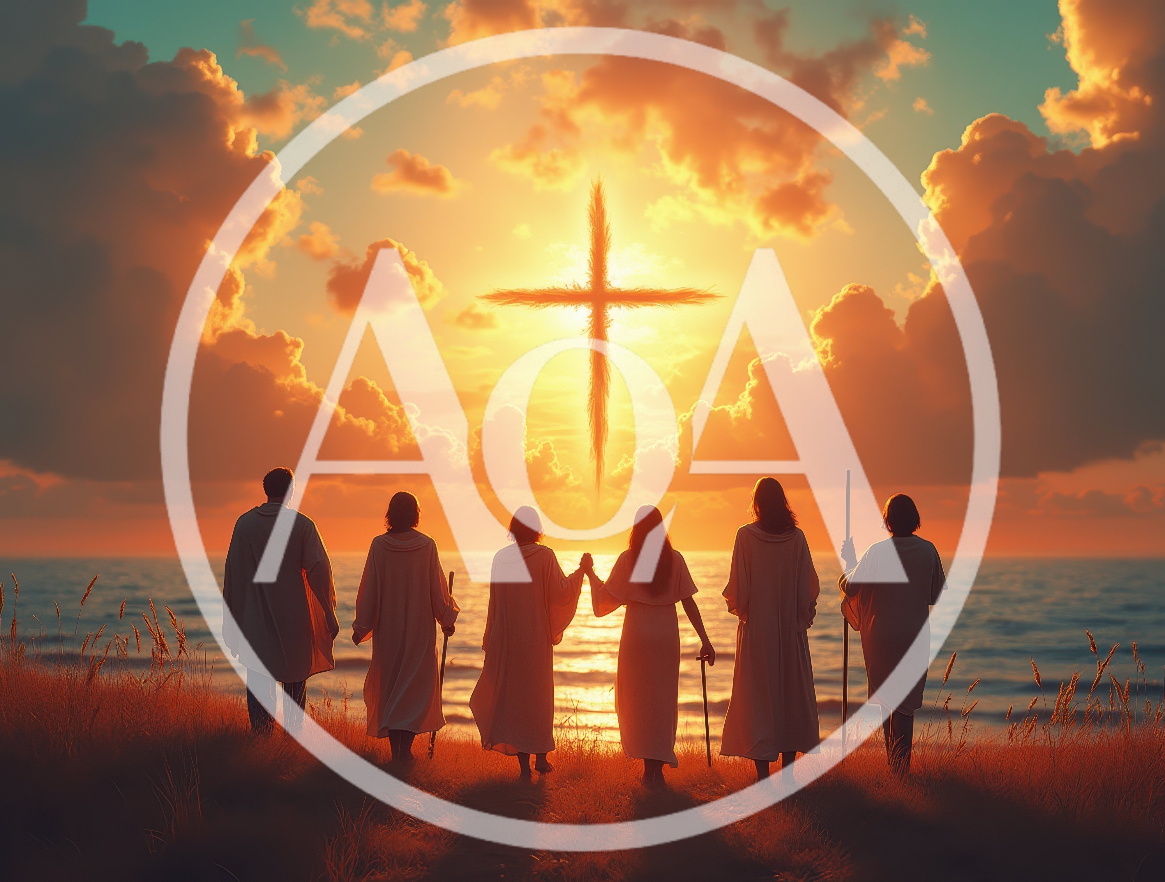 Group Of People Standing Before A Radiant Cross
