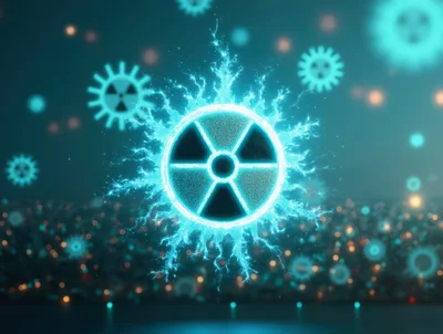 Glowing Radioactive Symbol Floating Over Blurred Cityscape