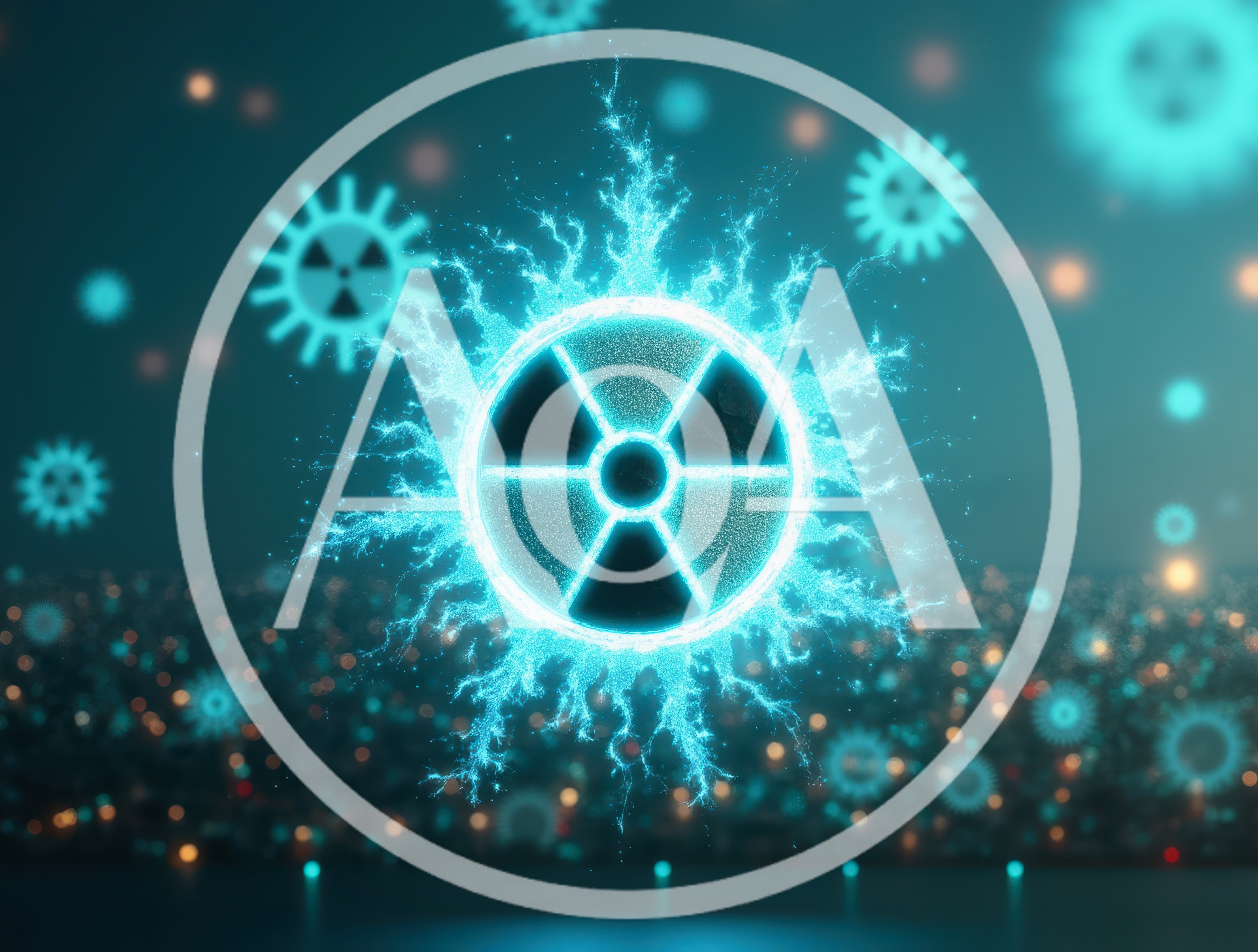 Glowing Radioactive Symbol Floating Over Blurred Cityscape