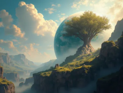 Majestic Tree On A Cliffside Overlooking A Giant Planet