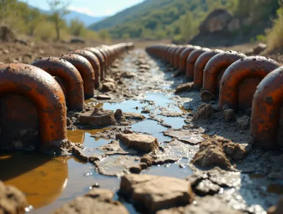 Rusty Metal Pipe Segments Along A Muddy Path