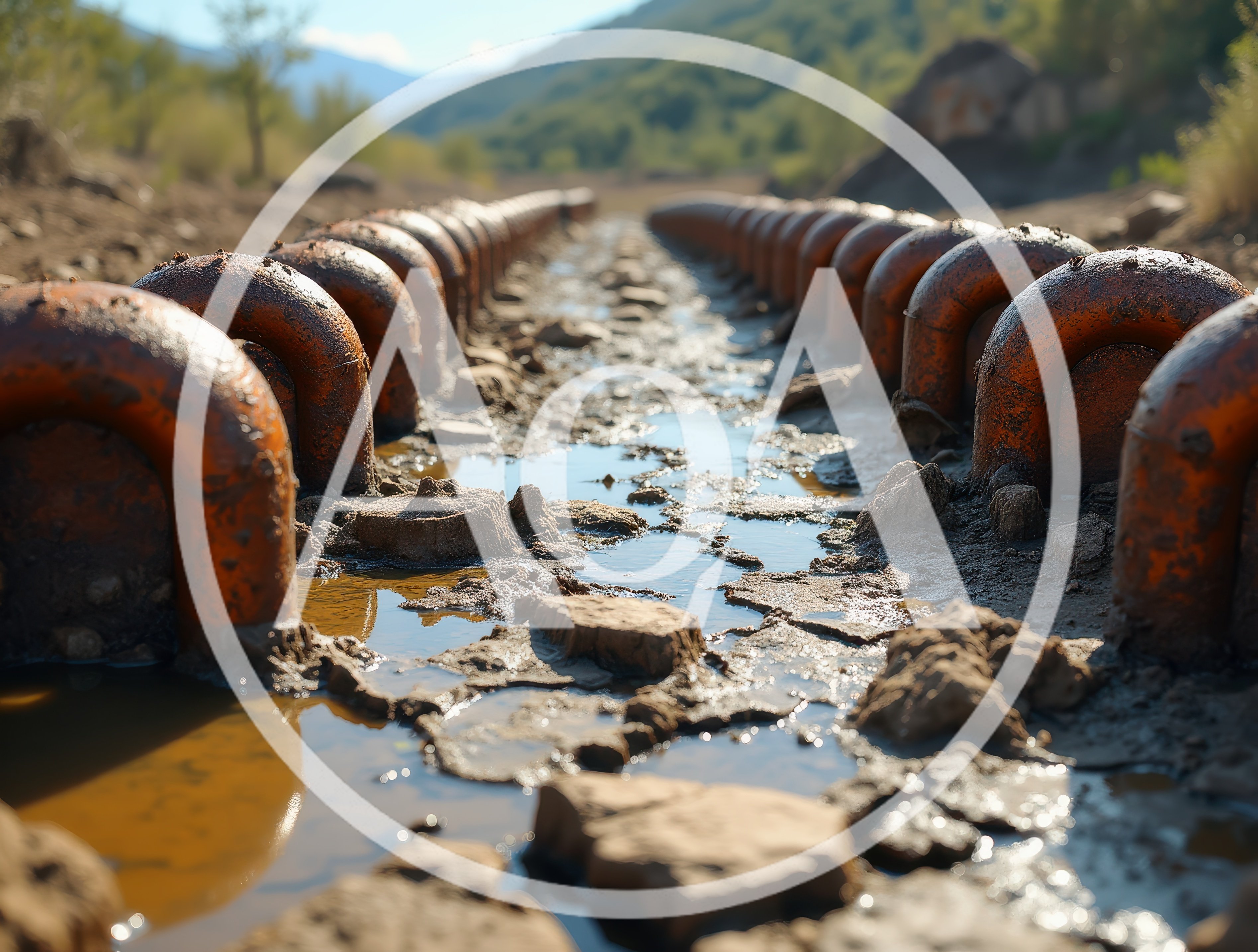 Rusty Metal Pipe Segments Along A Muddy Path