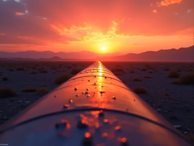 Industrial Pipeline Stretching Across Desert Landscape at Sunset