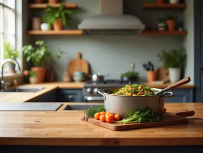 Fresh Salad In A Pot On A Kitchen Counter