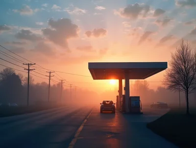 Car Refueling at a Gas Station During Sunrise