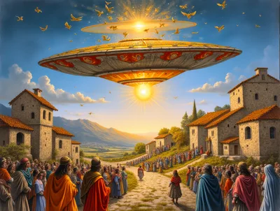 Ancient Crowd Witnessing A Golden Flying Saucer