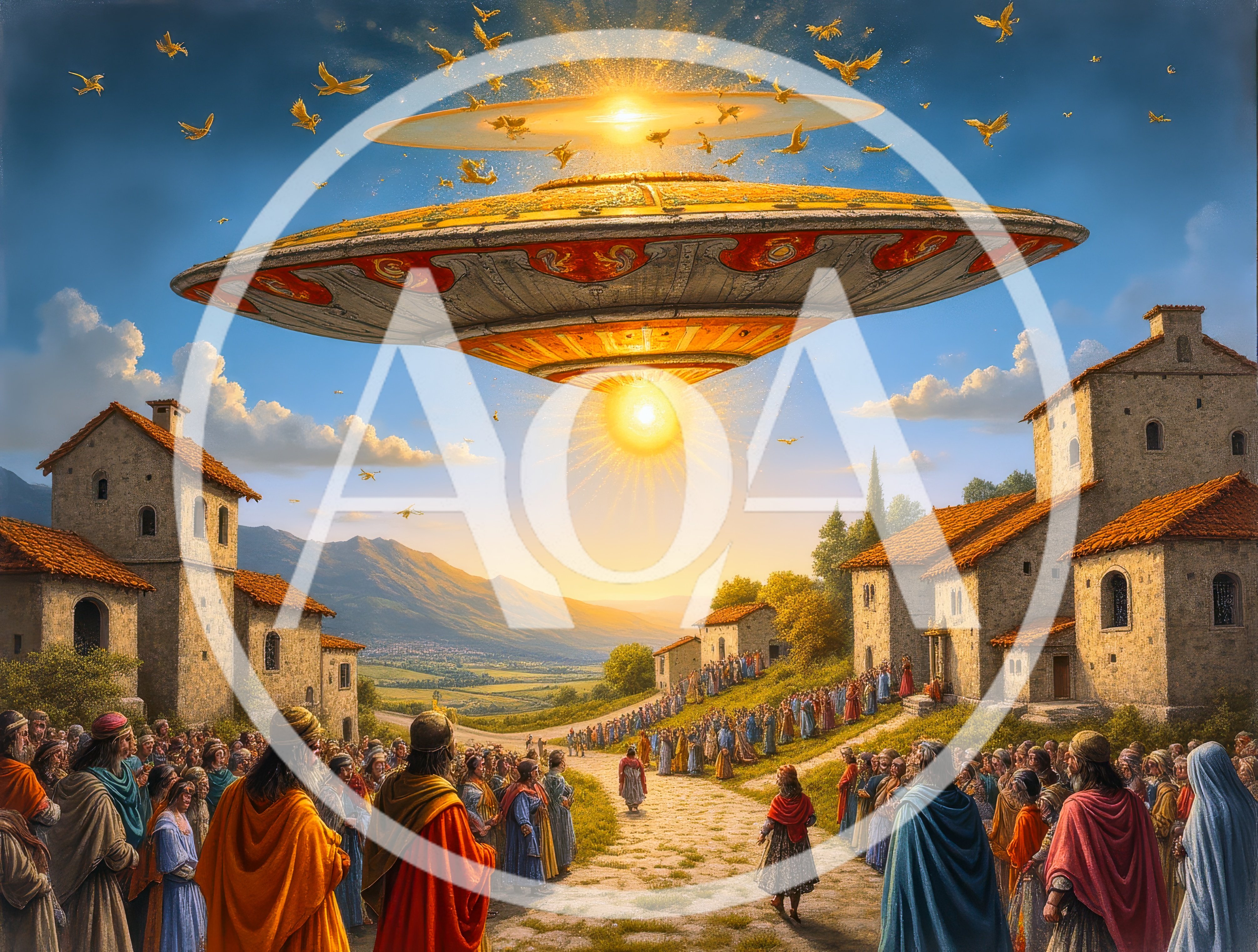 Ancient Crowd Witnessing A Golden Flying Saucer