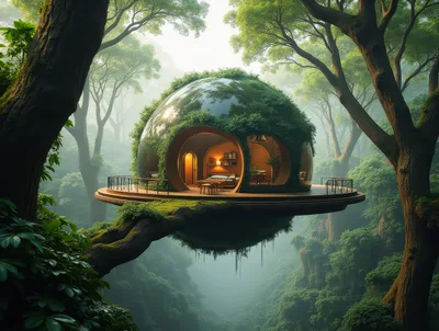 Futuristic Glass Sphere Treehouse In Lush Tropical Forest