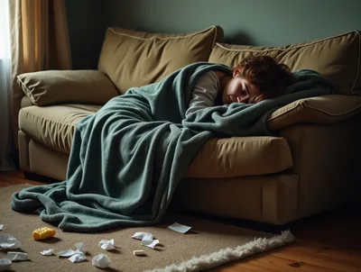 Young Woman Sleeping Under Blanket On Living Room Sofa