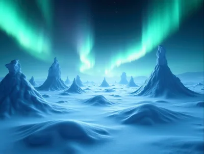 Surreal Arctic Landscape With Aurora Borealis And Ice Spires