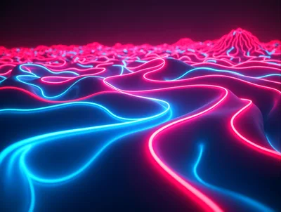 Abstract Neon Glowing Landscape With Wavy Light Trails