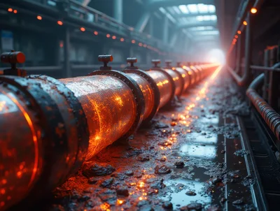 Glowing Industrial Pipeline In A Dark Factory Setting