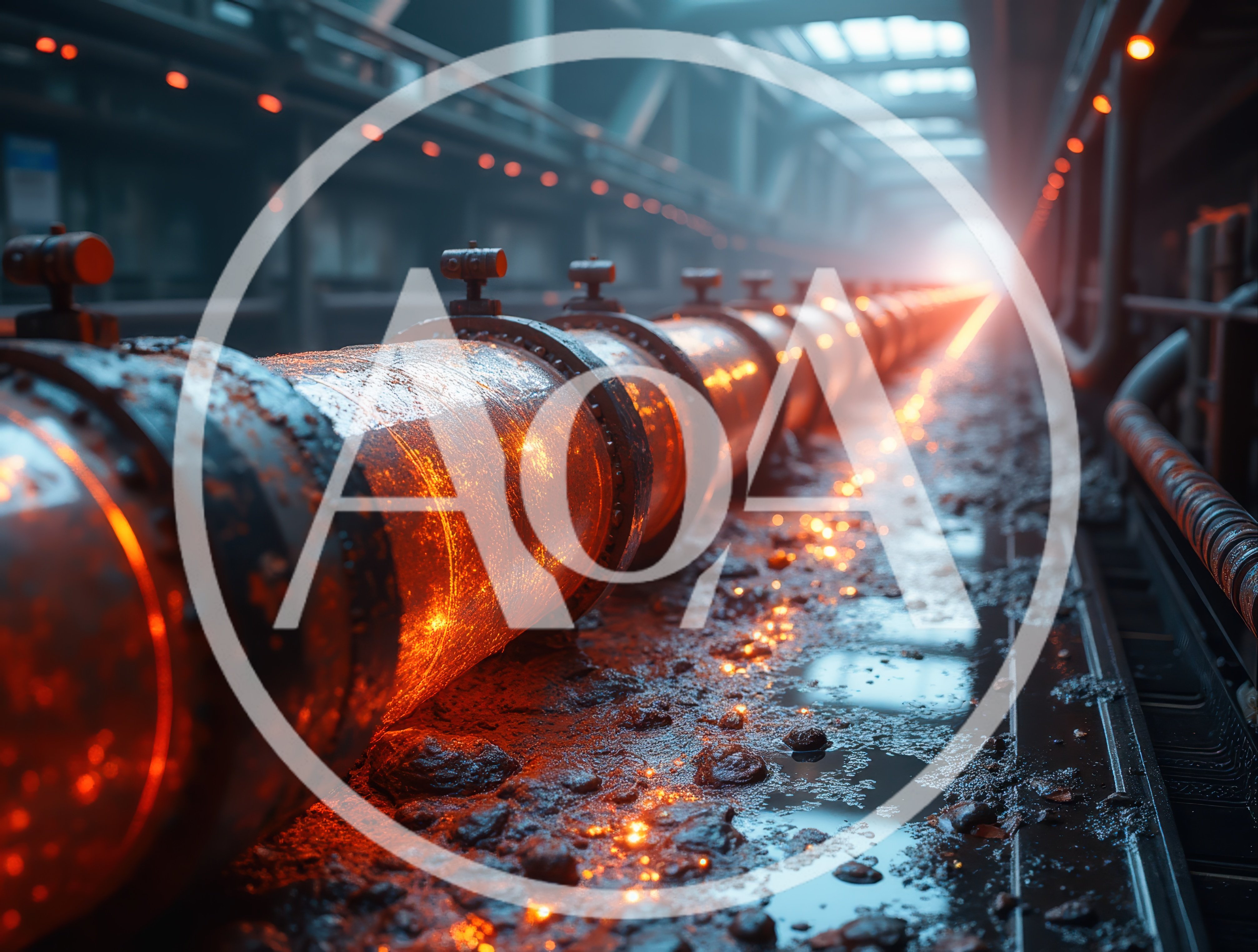 Glowing Industrial Pipeline In A Dark Factory Setting