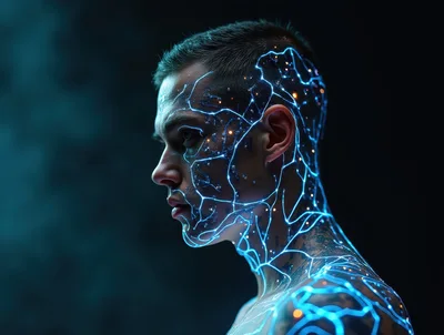Profile View Of Man With Glowing Neural Network Skin
