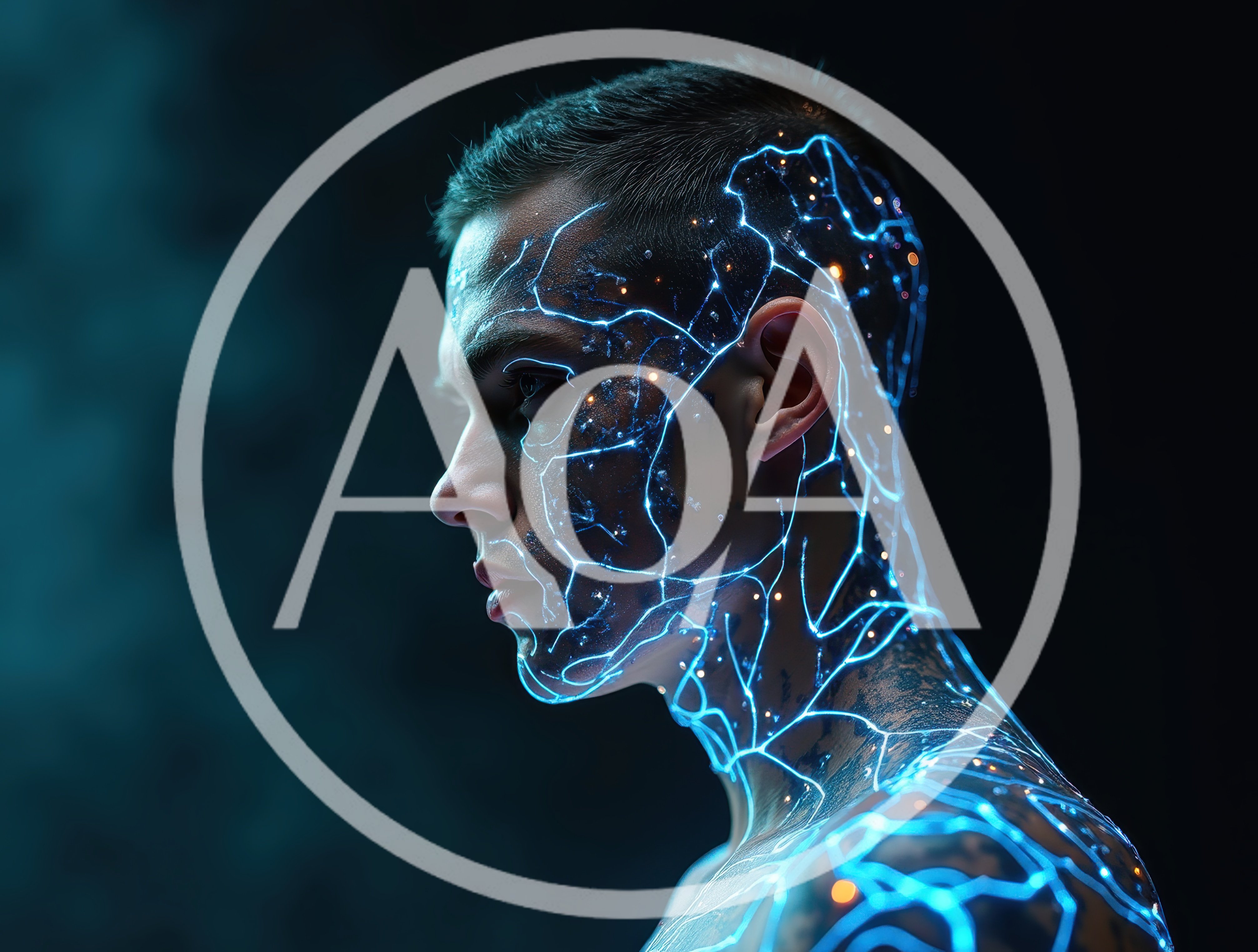 Profile View Of Man With Glowing Neural Network Skin