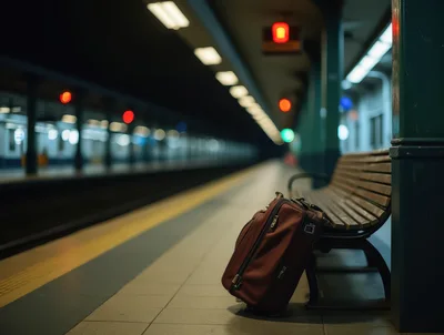 Brown Suitcase Left Alone On Subway Platform Bench