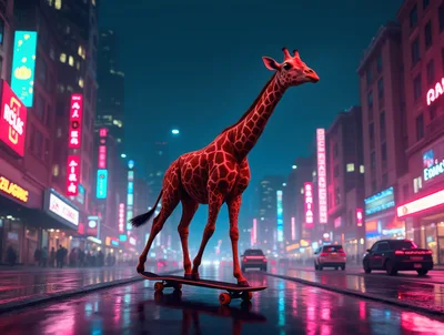 Giraffe Riding A Skateboard On A Neon City Street
