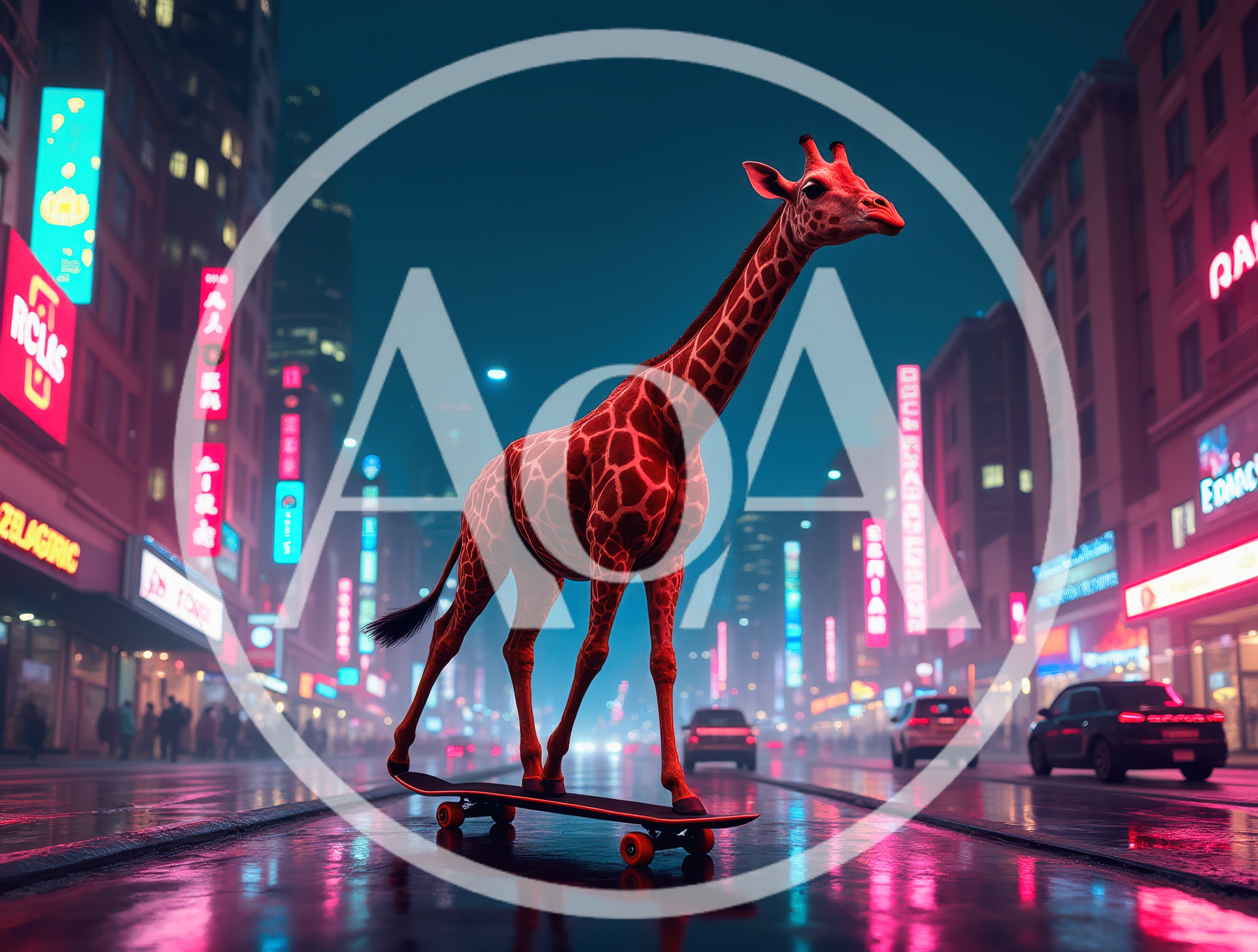 Giraffe Riding A Skateboard On A Neon City Street