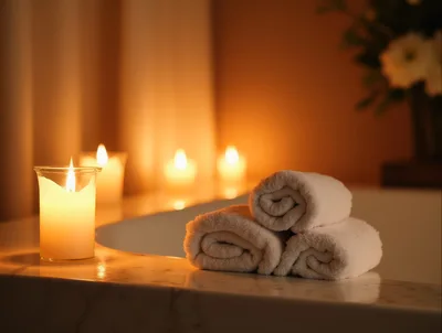 Rolled White Towels Beside A Lit Candle In A Spa