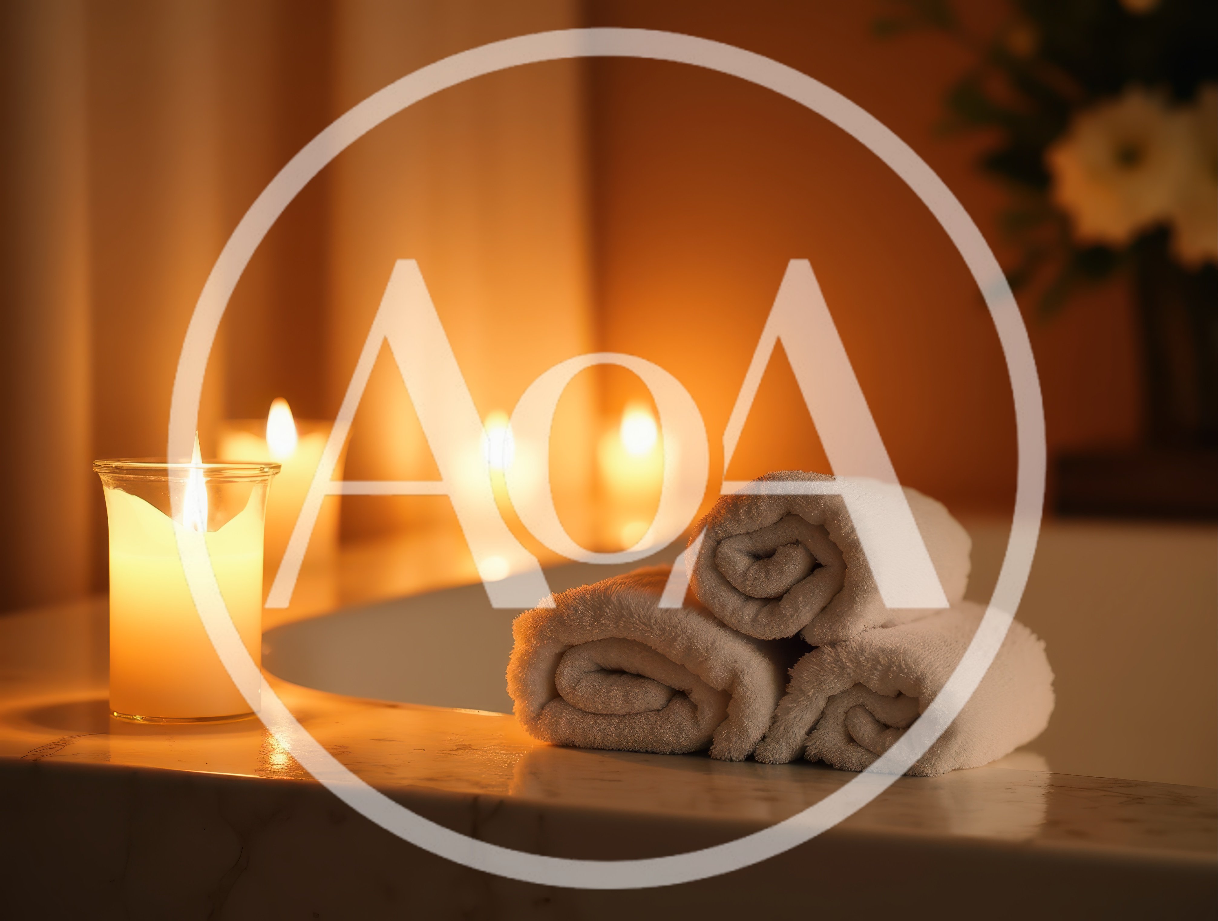 Rolled White Towels Beside A Lit Candle In A Spa