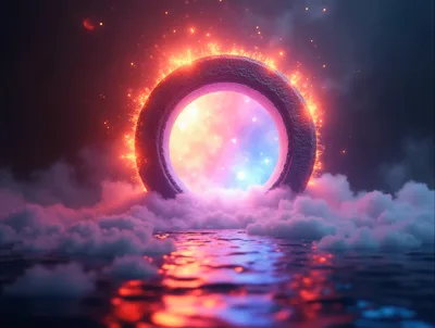 Glowing Cosmic Portal Ring Above Reflective Water