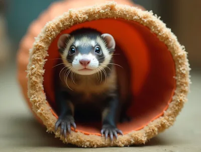 Cute Ferret Peeking Out From An Orange Tunnel