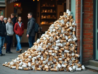 Large Pile Of Discarded Coffee Cups On City Sidewalk