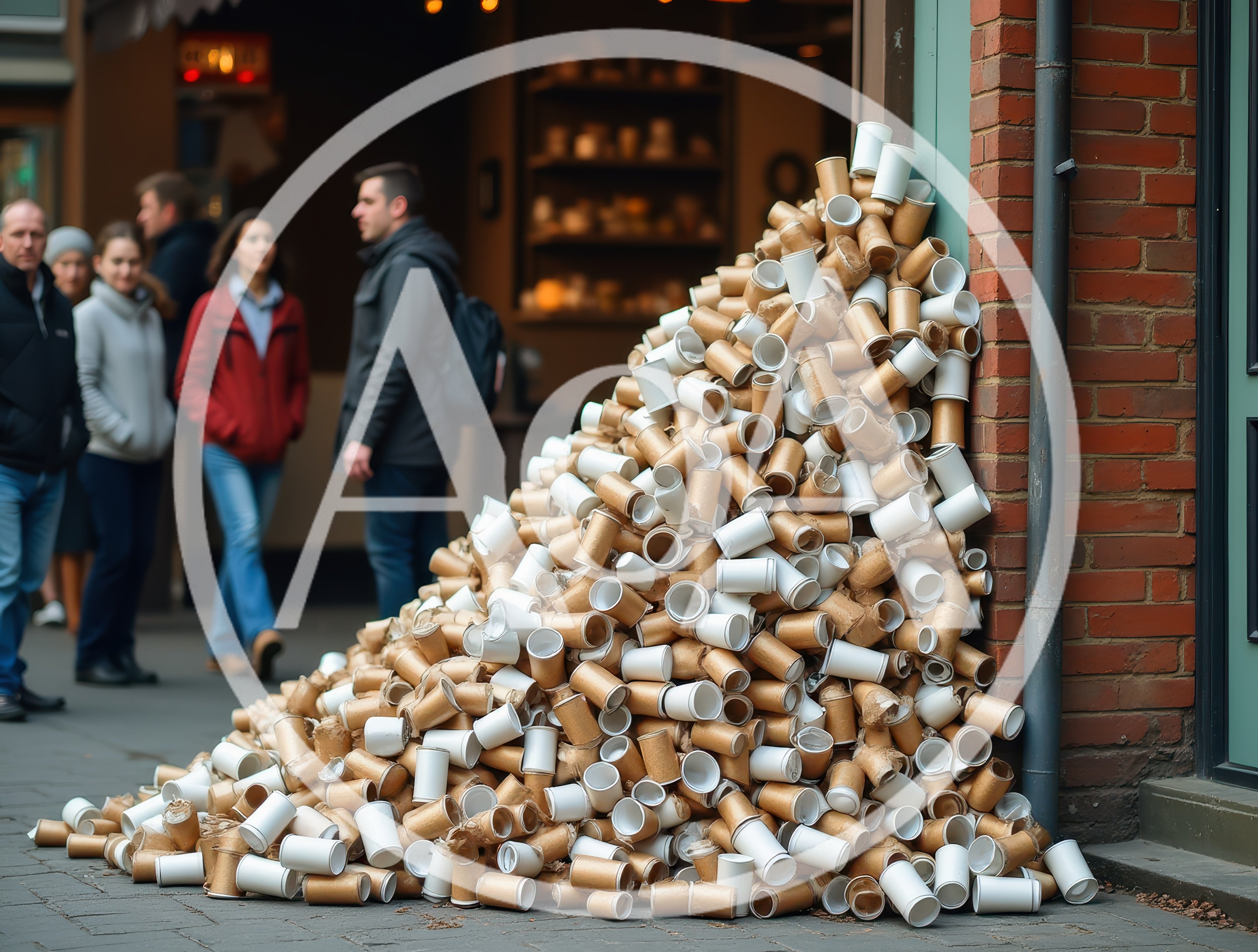 Large Pile Of Discarded Coffee Cups On City Sidewalk