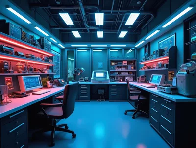 Futuristic Cyberpunk Laboratory With Computer Workstations
