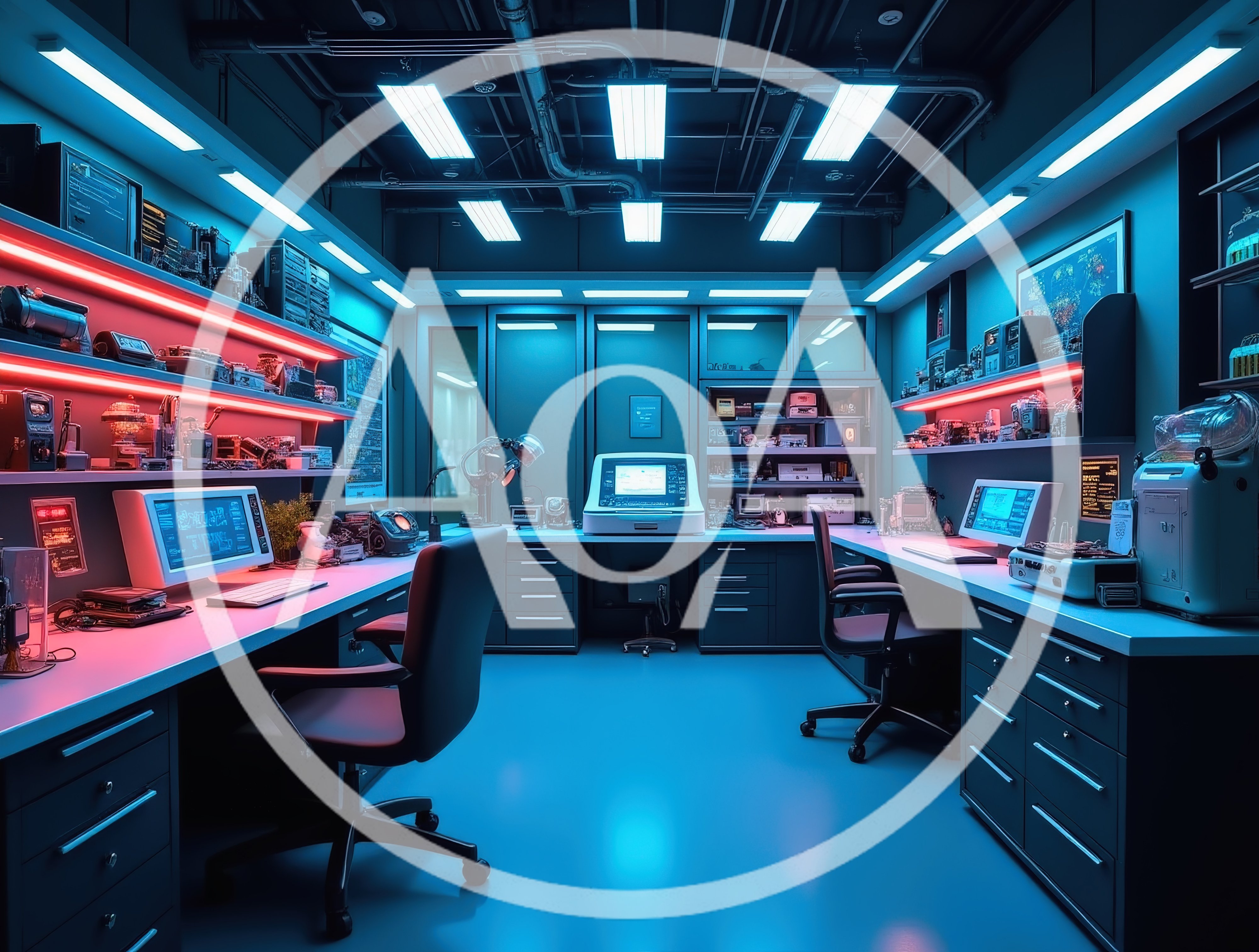 Futuristic Cyberpunk Laboratory With Computer Workstations