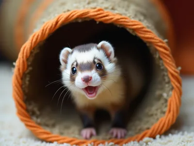 Happy Ferret Peeking Out From A Play Tunnel