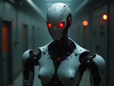 Futuristic Android Robot Standing In A Dim Corridor
