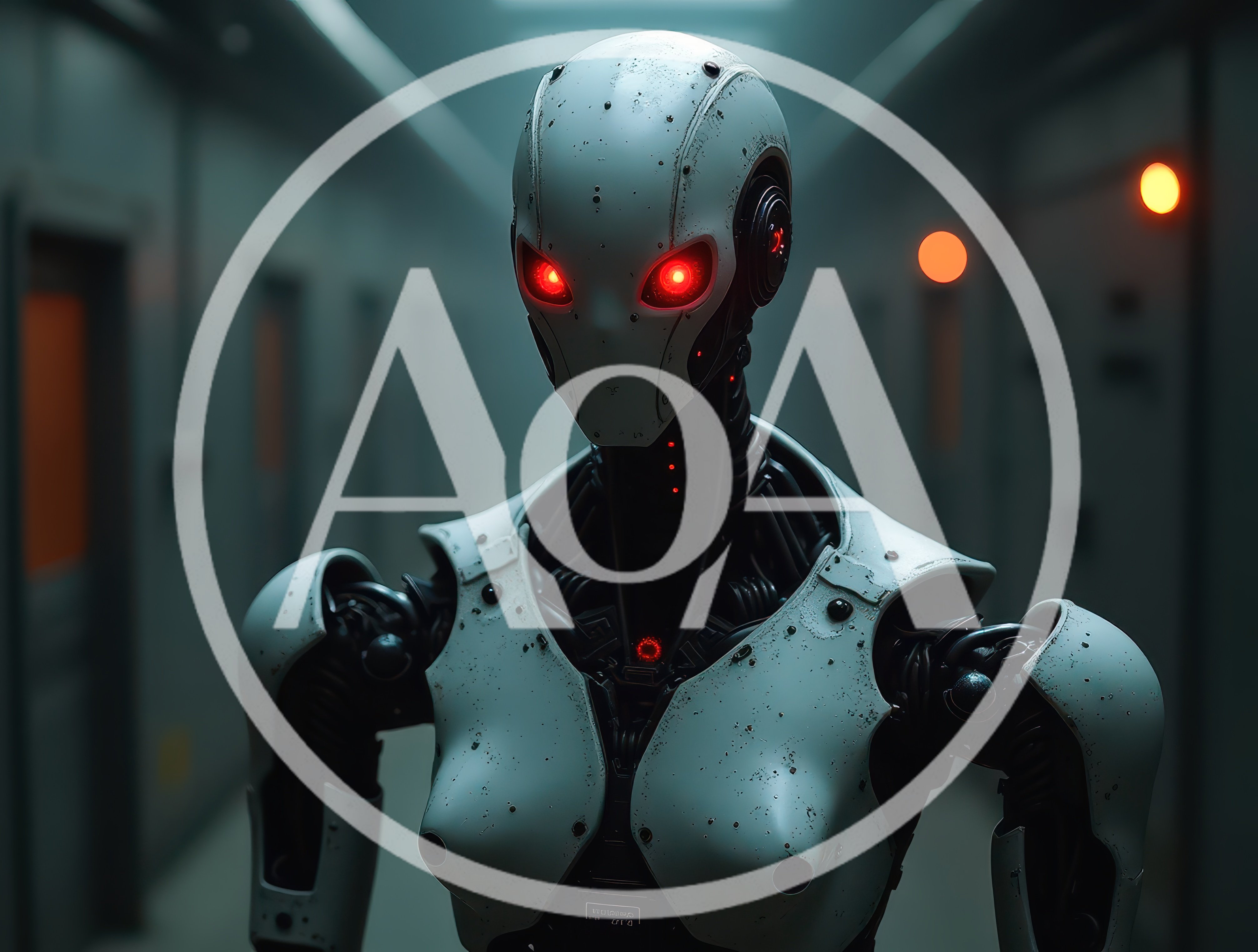 Futuristic Android Robot Standing In A Dim Corridor