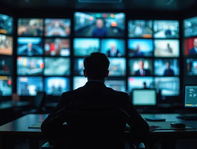 Security Analyst Monitoring Multiple Surveillance Screens