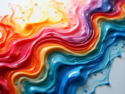 Abstract Rainbow Paint Swirls Flowing On White Surface