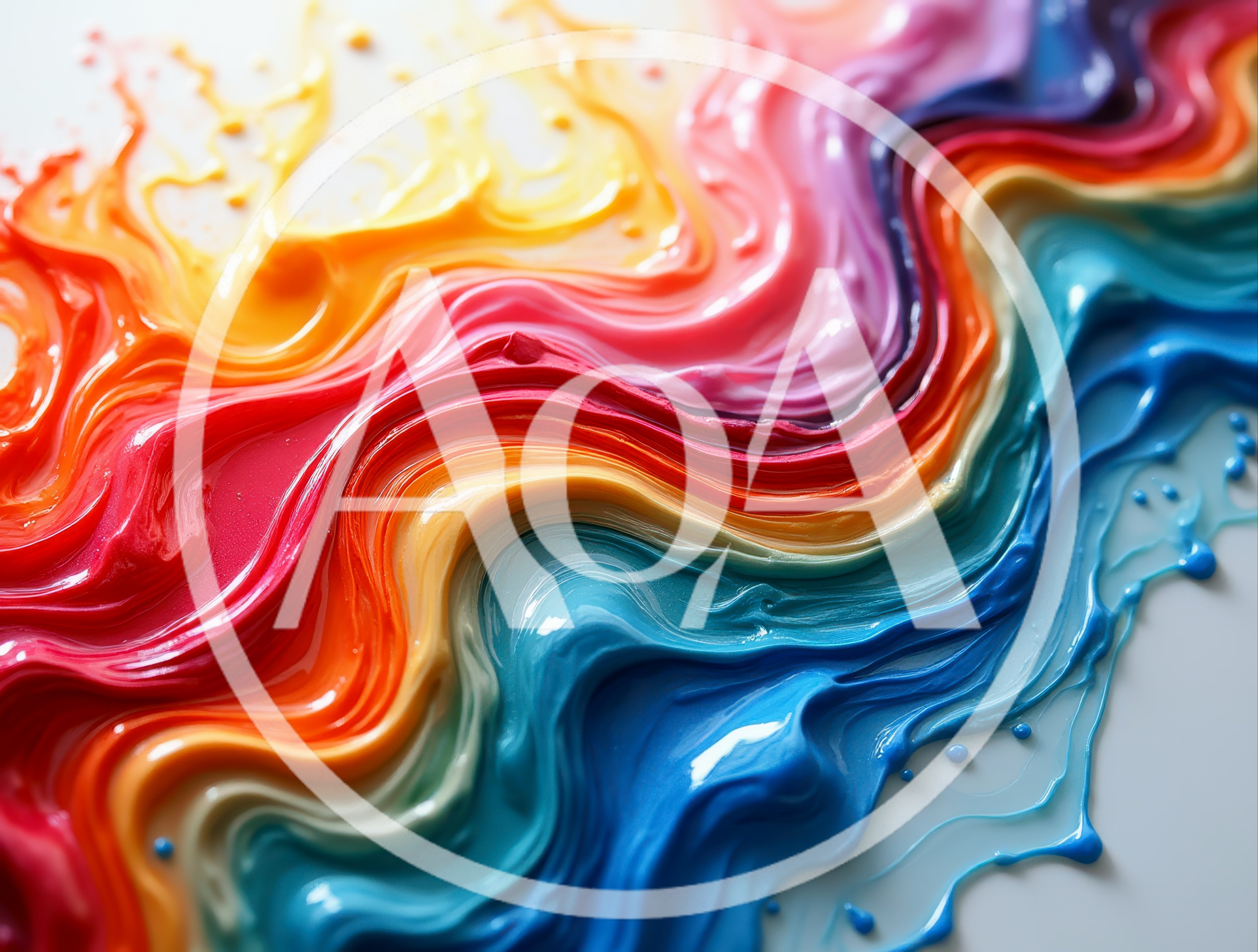 Abstract Rainbow Paint Swirls Flowing On White Surface