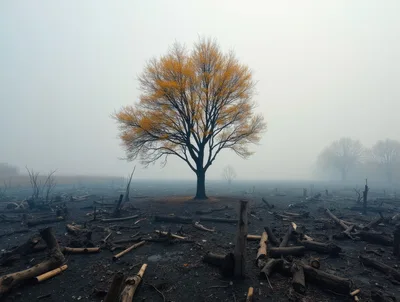 Solitary Golden Tree Standing In A Burnt Forest