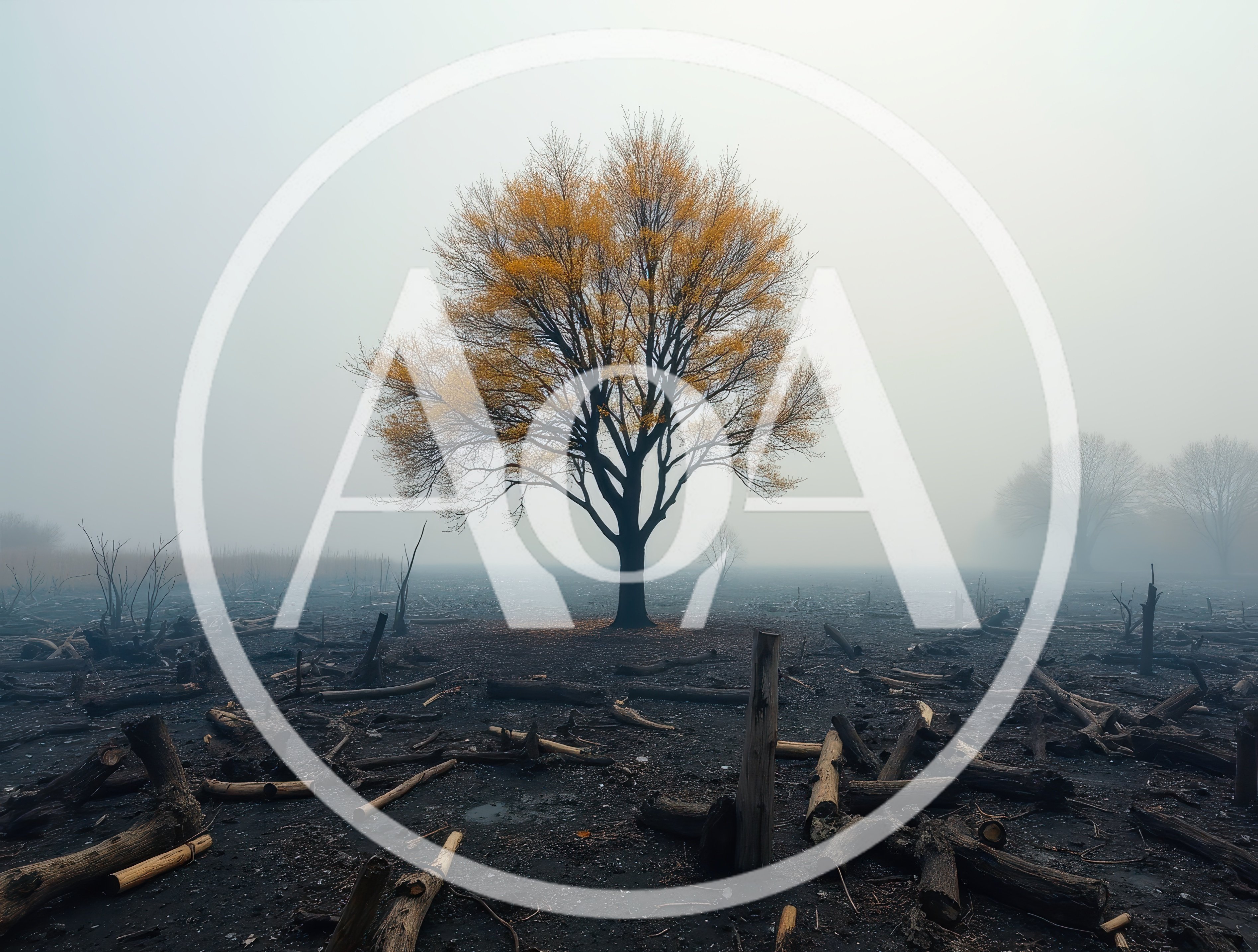 Solitary Golden Tree Standing In A Burnt Forest