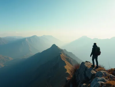 Hiker Standing On A Mountain Peak Overlooking A Valley