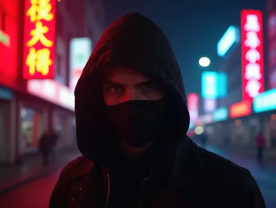 Mysterious Person In Hoodie And Face Mask At Night