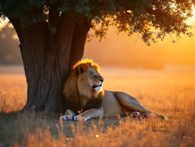 Majestic Male Lion Resting Under Tree At Sunset