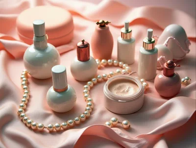 Luxury Skincare Products Arranged On Pink Silk Fabric