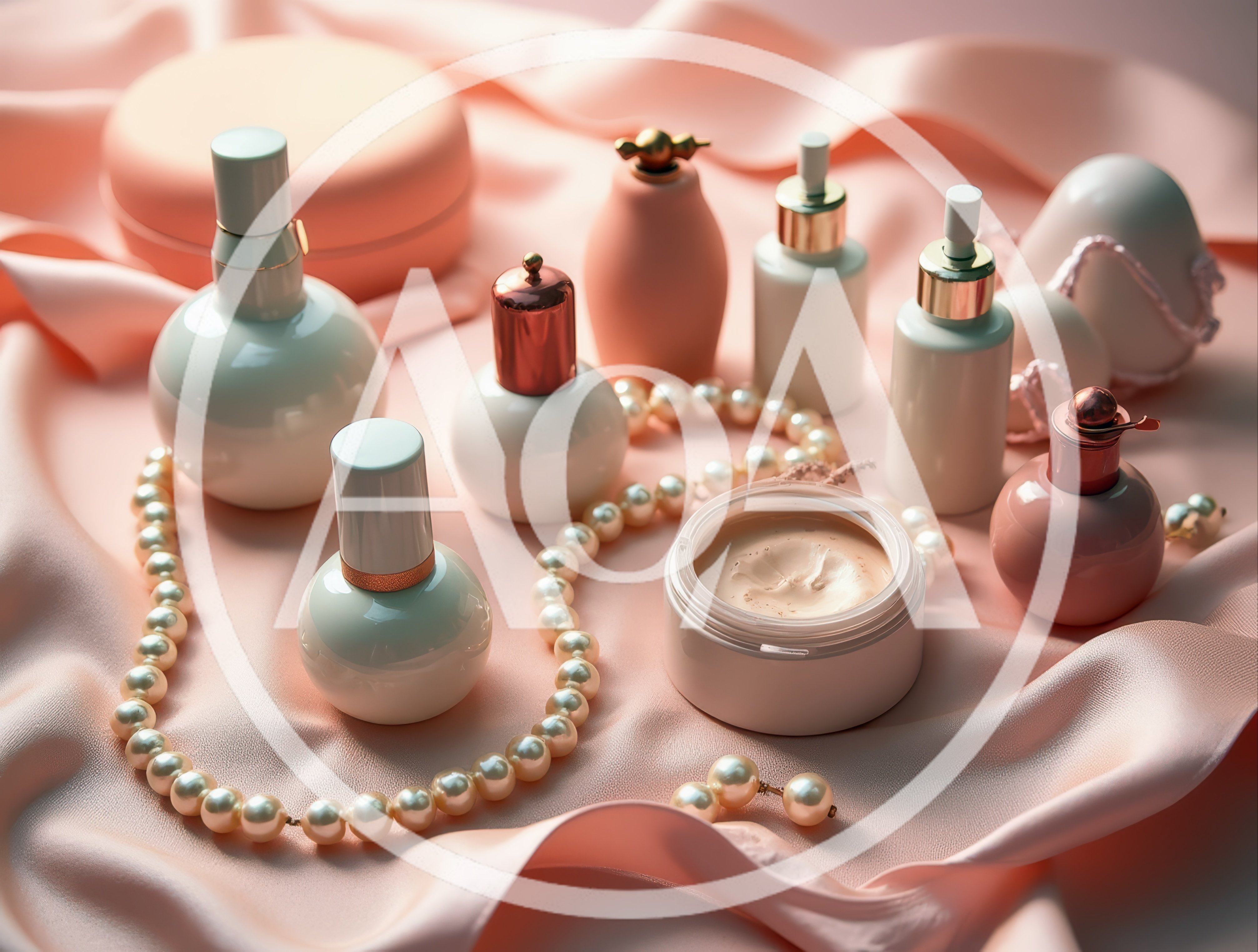 Luxury Skincare Products Arranged On Pink Silk Fabric