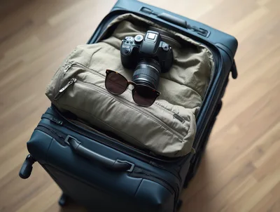 Travel Suitcase Packed With Camera And Sunglasses